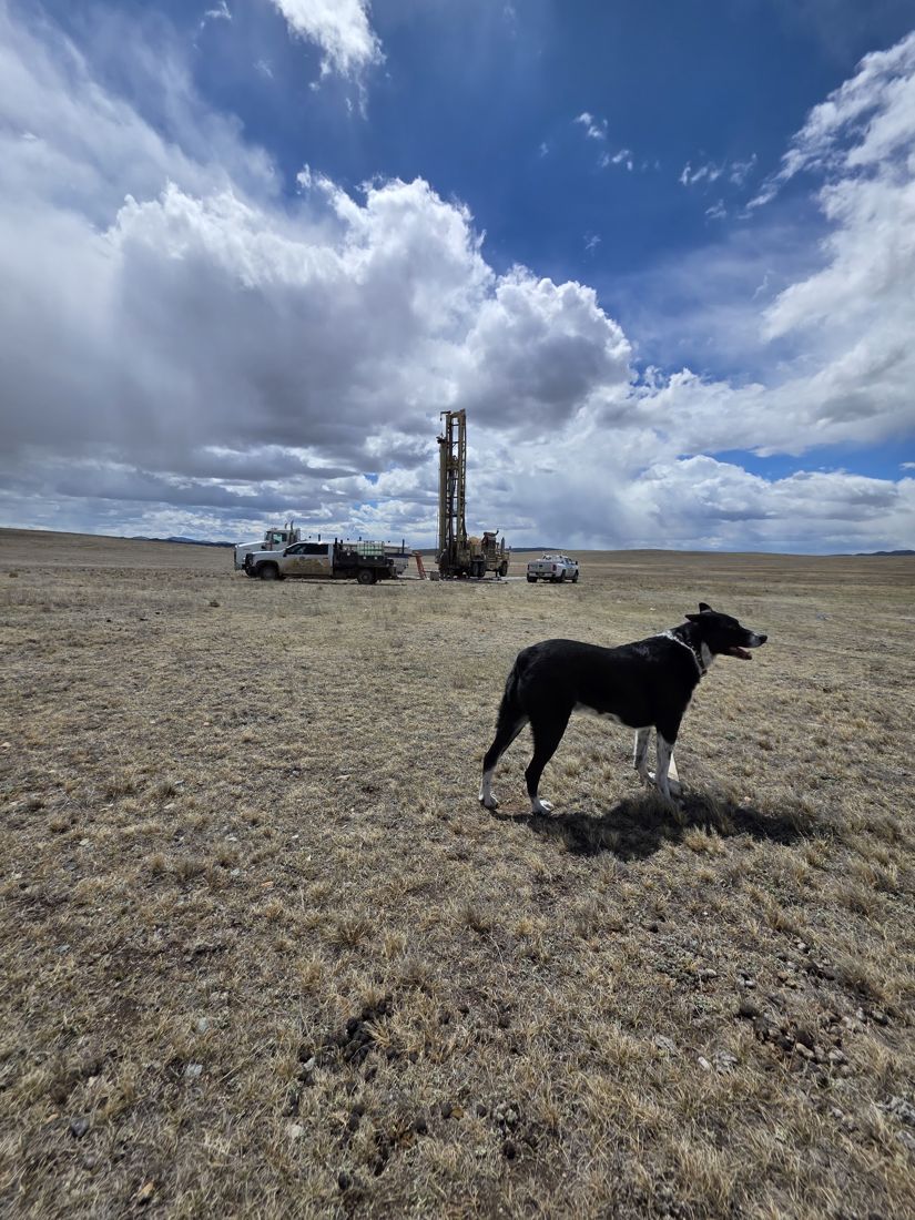 Shop dog on a high-plains job site with the rig behind